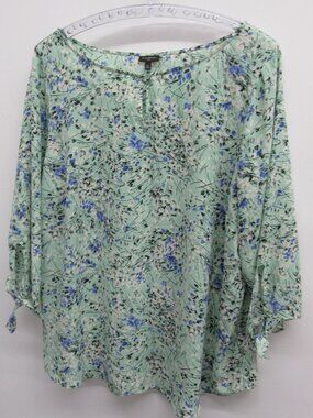 TALBOTS BLOUSE LIGHT MINT GREEN BLUE FLORAL TIED SLEEVE ENDS SLIT BUTTON NECK